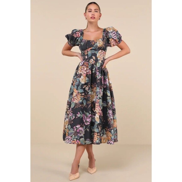 Lulu's Dresses & Skirts - Lulu’s Adorable Tendencies Dark Grey Floral Puff Sleeve Midi Dress Small NWT